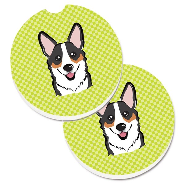 Carolines Treasures Checkerboard Lime Green Corgi Cup Holder Car Coaster, PK2 BB1317CARC - main
